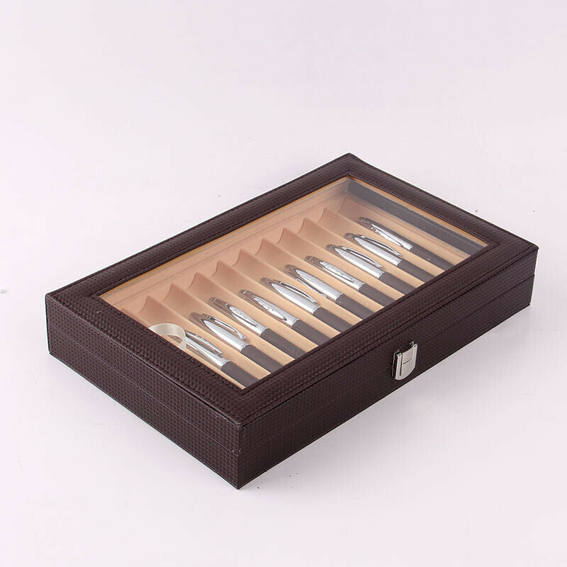 12 Slot Wood PU Leather Fountain Pen Display Case Storage Collector Box Coffee