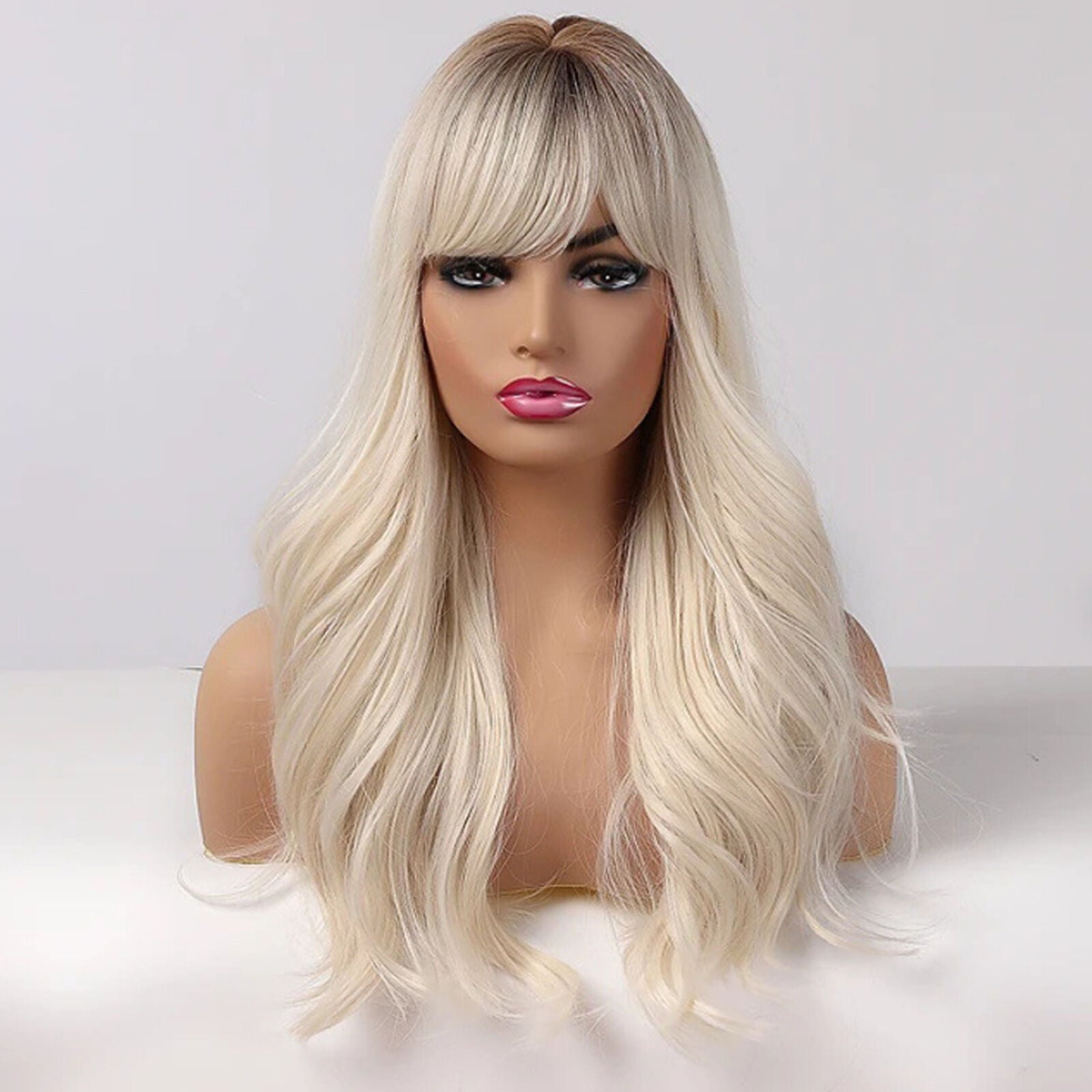 Platinum Blonde Synthetic Hair Wig for Women Long Curly Wavy Wigs with Bangs
