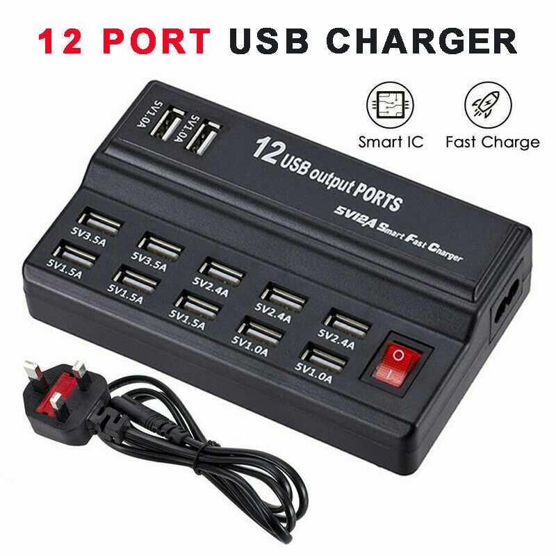 Multi 12-Ports USB Phone Charger Socket Fast Charging Station Hub Wall Adapter