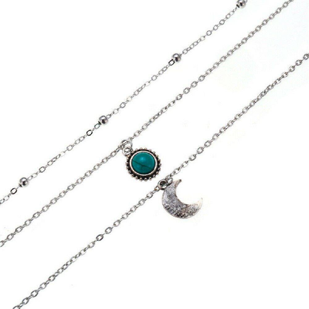 Fashion Multi-Layer Choker Turquoise Moon Pendant Chain Necklace Boho Jewelry