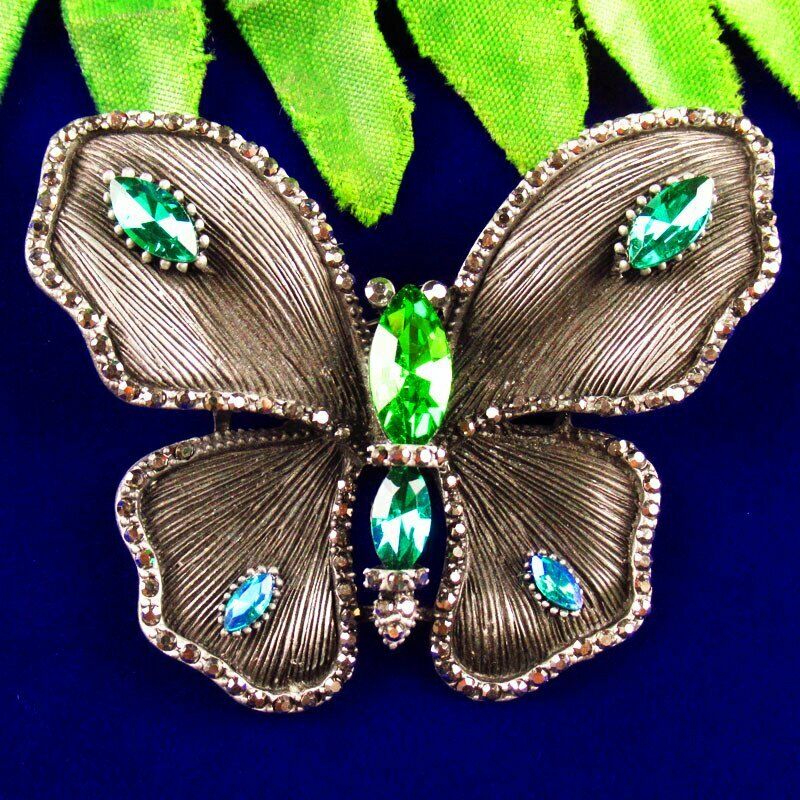 Black Alloy Inlaid Titanium Crystal Butterfly Pendant Brooch 65x55x5mm BL-48