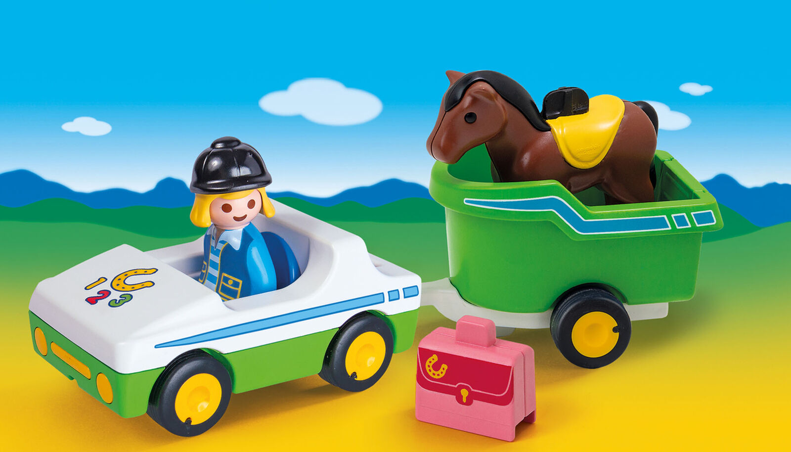 70181 Playmobil 1.2.3 Car with Horse Trailer Suitable for ages 1.5 years and up.
