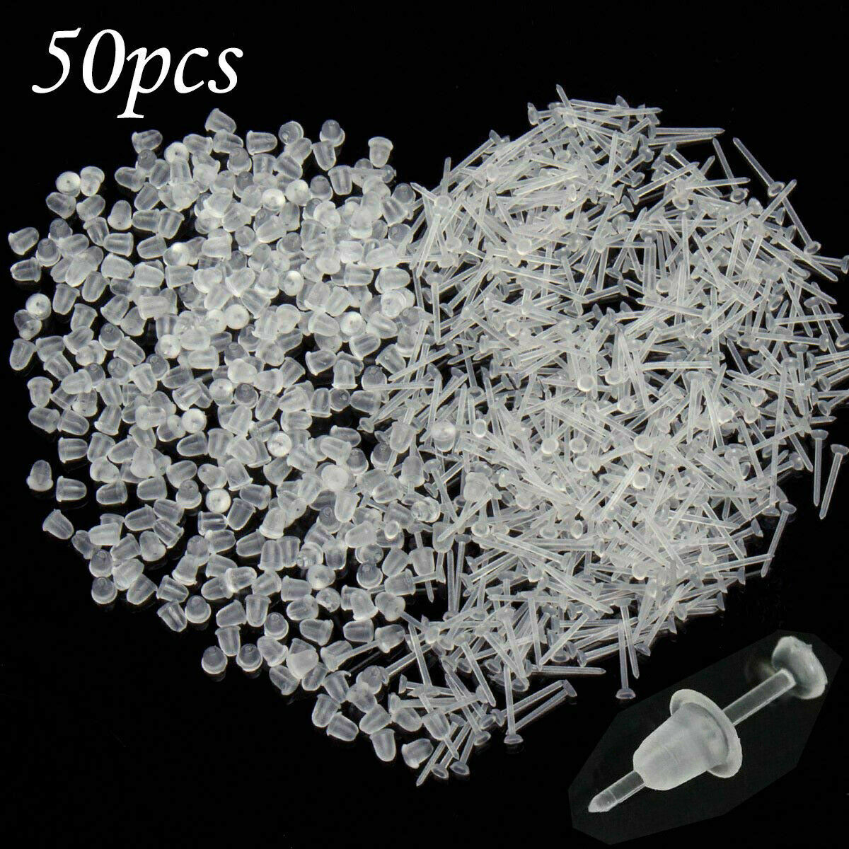 Lots 50x Girls Anti-Allergy Mini Clear Plastic Stem Rubber Ear Studs Stoppers
