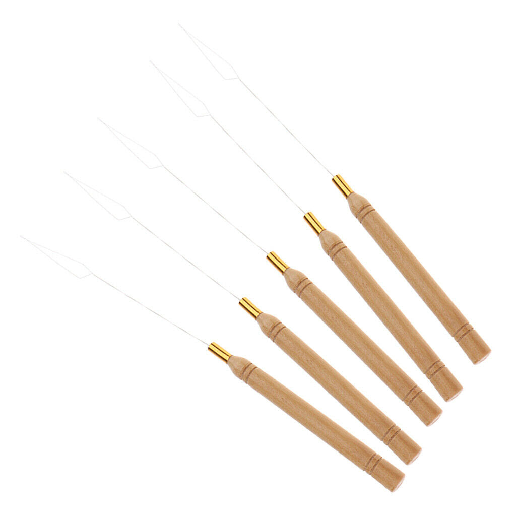 5 Pieces Wooden Handle Hair Extensions Loop Needle Threader Pulling Tool Kit