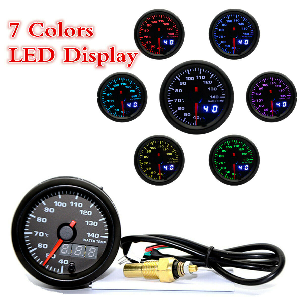 2" 52mm 7 Colors Backlit Digital Display Car Water Temperature Gauge With Sensor