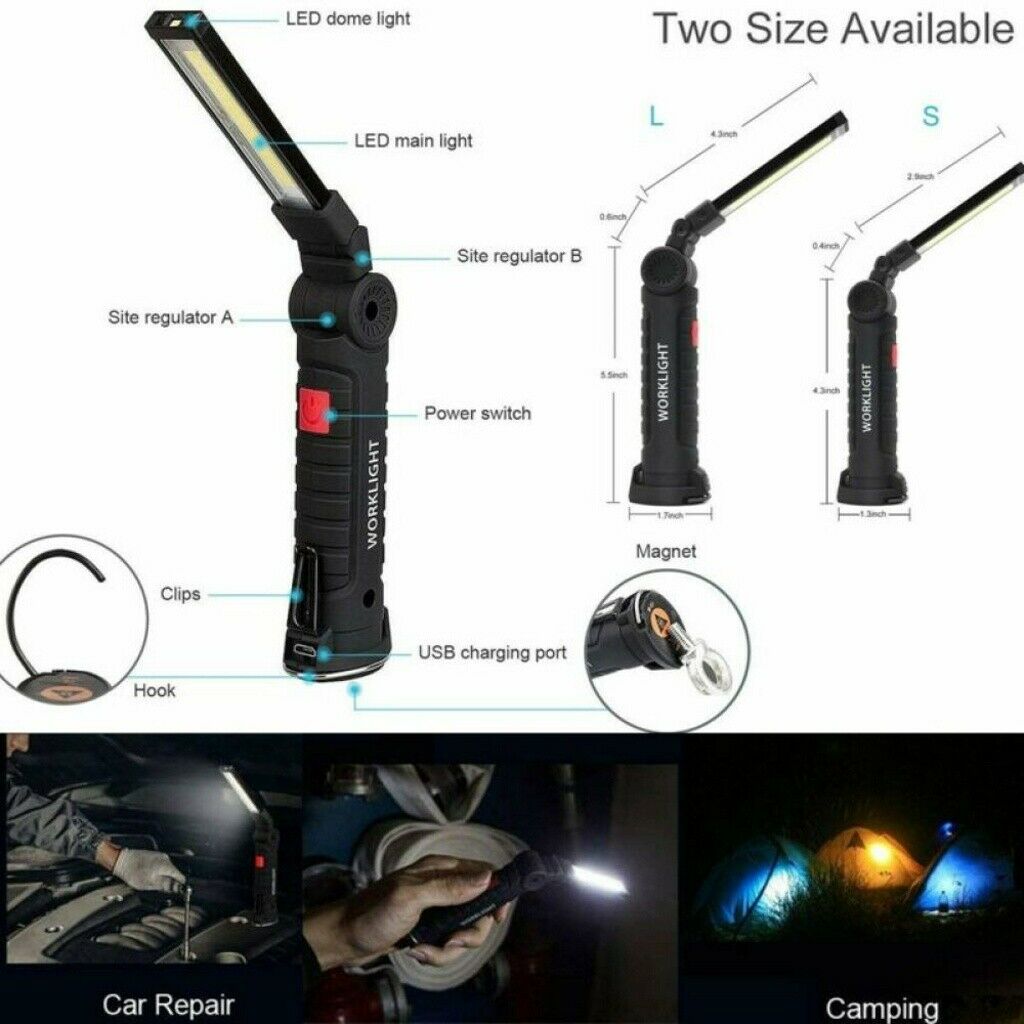 Rechargeable COB LED Work Light Lamp Flashlight Magnetic Foldable Inspect