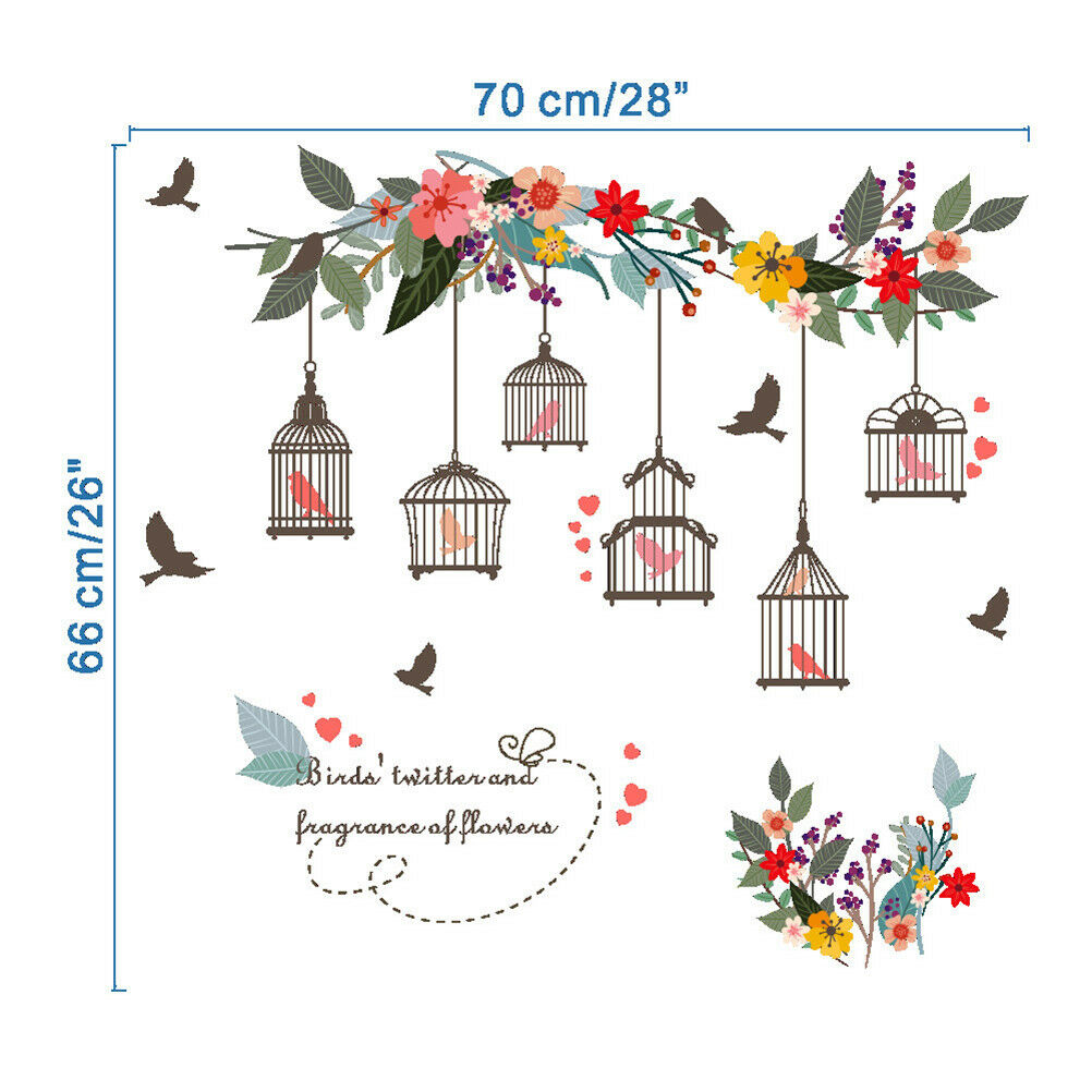 Flowers Birds Birdcage Stickers Decals Wall Art For HomeLiving Room`Bedro.l8