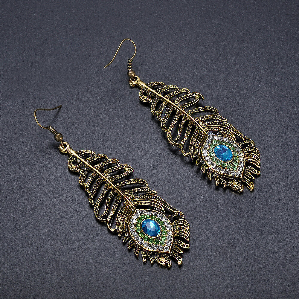 Retro Women Rhinestone Peacock Eye Feather Dangle Hook Earrings Jewelry Gift New