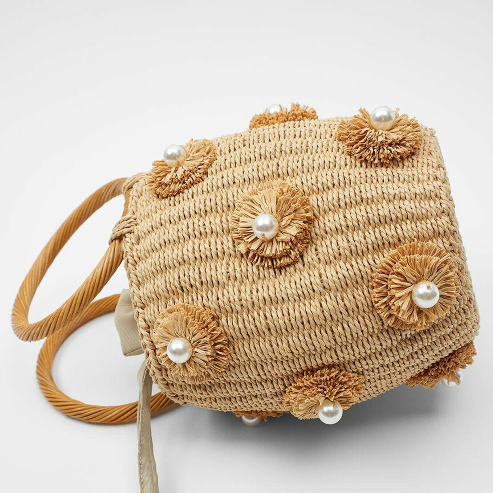 Straw Handbag Girls Tote Bag Shoulder Bag Pearled Hand Woven Rattan Purse