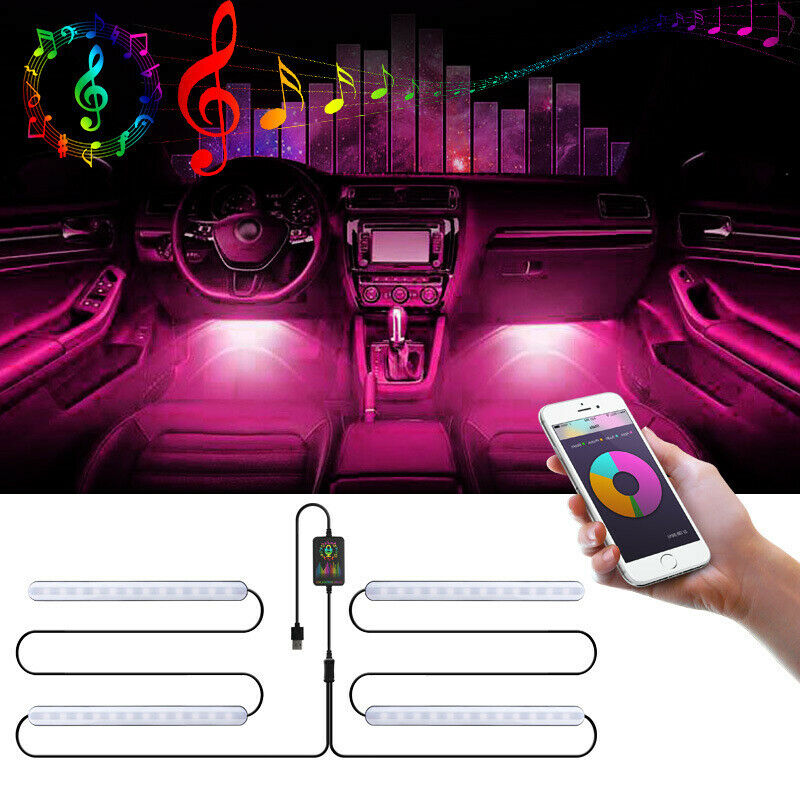 4PCS 48LED RGB Car Interior Atmosphere Light Strip Bluetooth APP Music Control