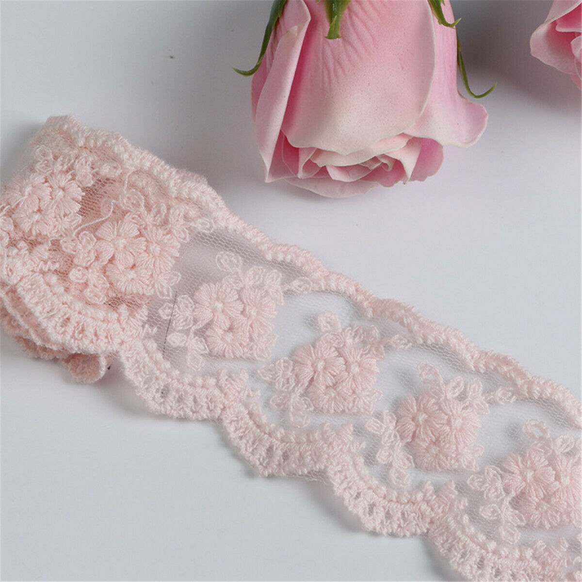 Embroidery Pink Floral Cotton Lace Trim Ribbon Wedding Dress Fabric Sewing Craft