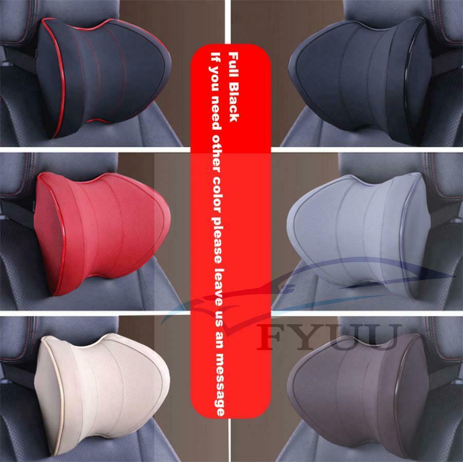 2pc Black Leather Car Seat Neck Pillow Auto Memory Foam Headrest Travel Cushion