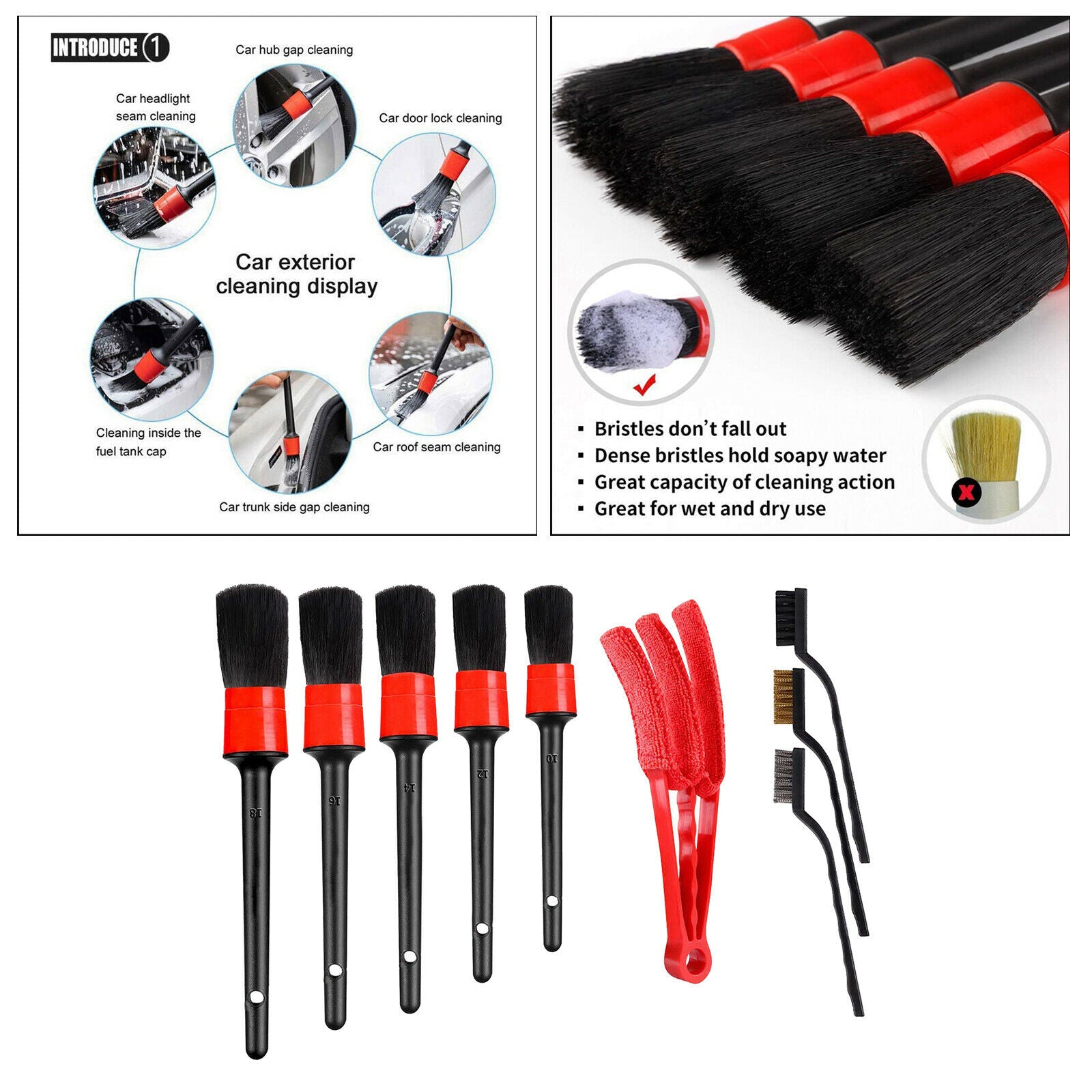 9Pieces Car Detailing Brush Kit Auto for Wheel Detail Clean Brush Cleaning