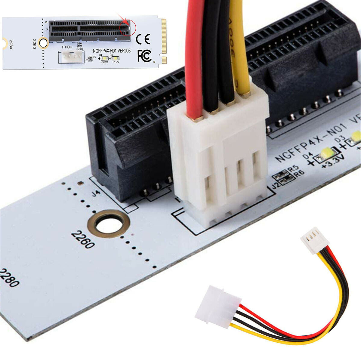 M.2 M Key NGFF To PCI-E X4 Conversion Interface Riser Card With 4PIN Power Cord