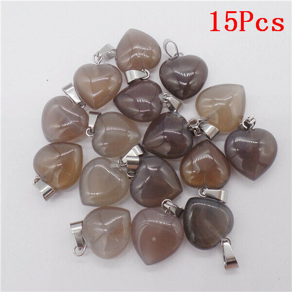 15Pcs 16x16x7mm Natural Gray Agate Puffy Love Heart Healing Pendant Bead HH9477