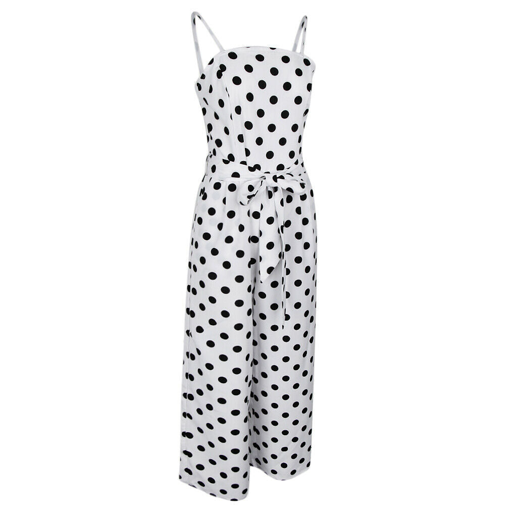 Womens Polka Dots Wide Leg Jumpsuit Romper Beach Holiday with Belt S White