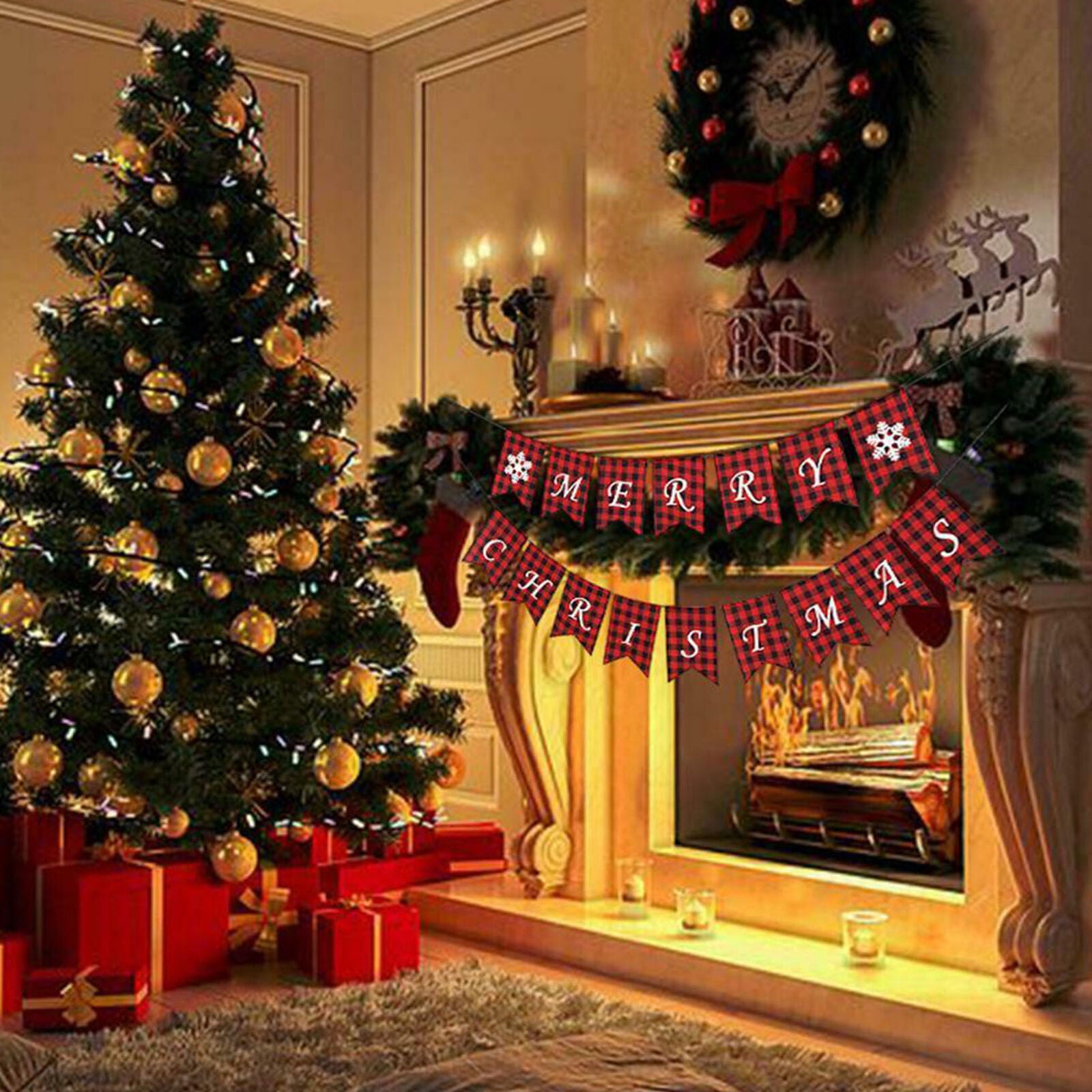 Merry Christmas Banner Flag Burlap Plaid Hanging Ornaments Xmas Party Decor Home