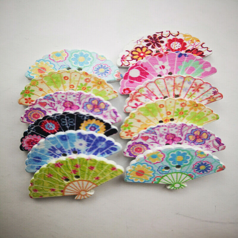 50pcs Fan Shape Wood Buttons Retro Ethnic Floral Sewing Crafts DIY Novelty Retro