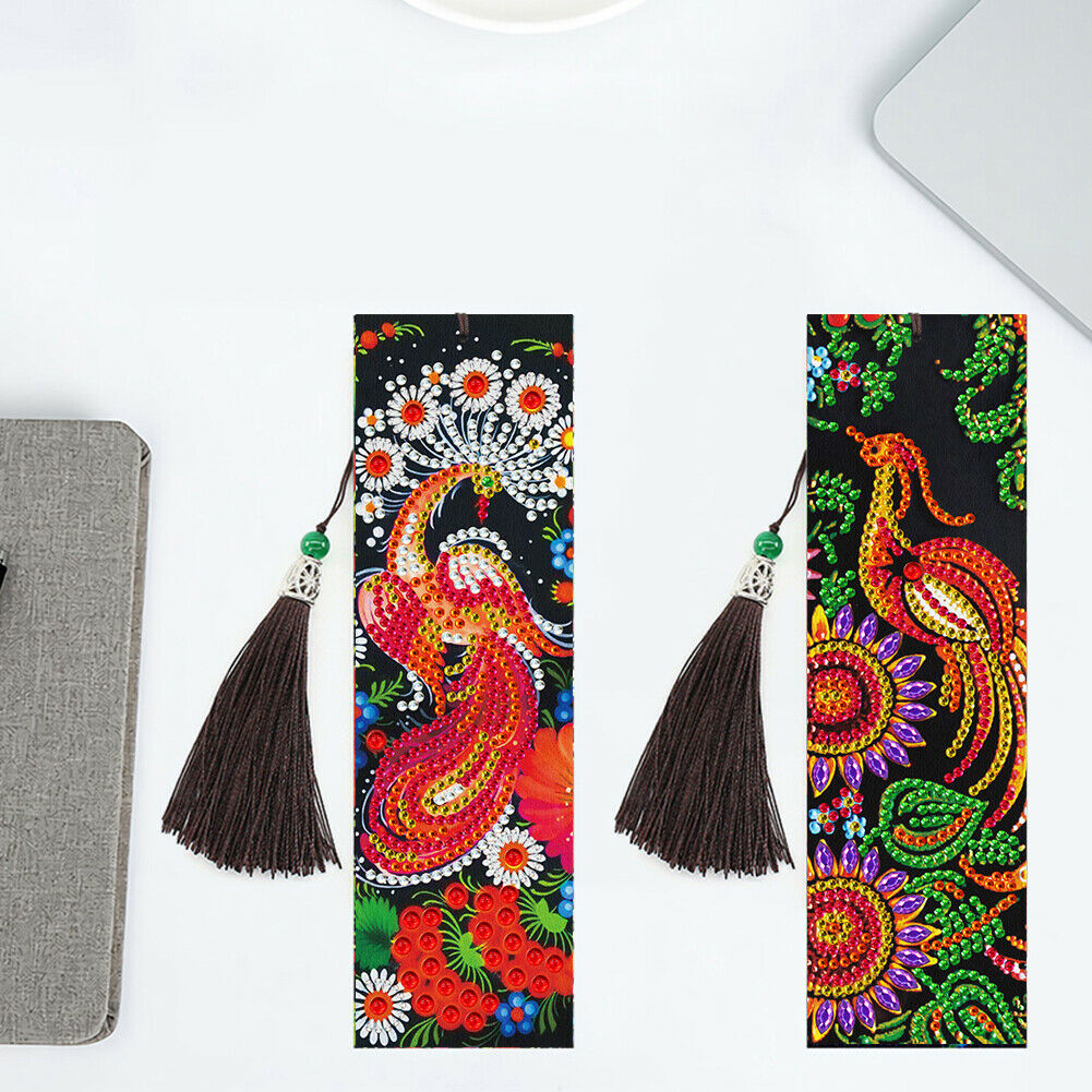2pcs Diamond Painting Bookmark DIY Peacock Cross Stitch Leather Book Marks @