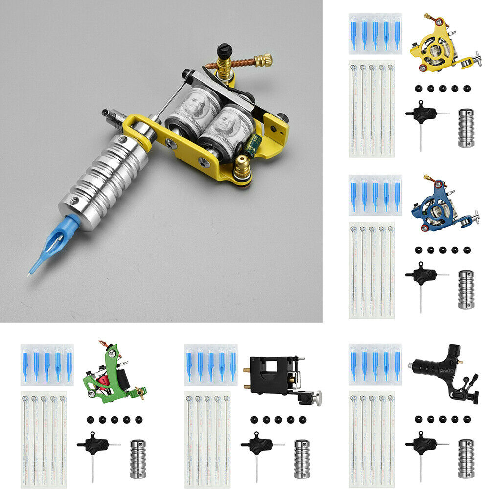 Complete Tattoo Kit Machine Gun Needles Tube Tips Handle Pads Set Yellow