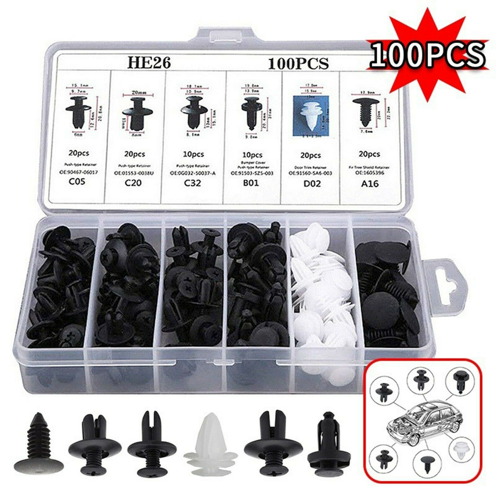 Universal Black Protective Clip For Automobile Tools With Storage Box 100PC