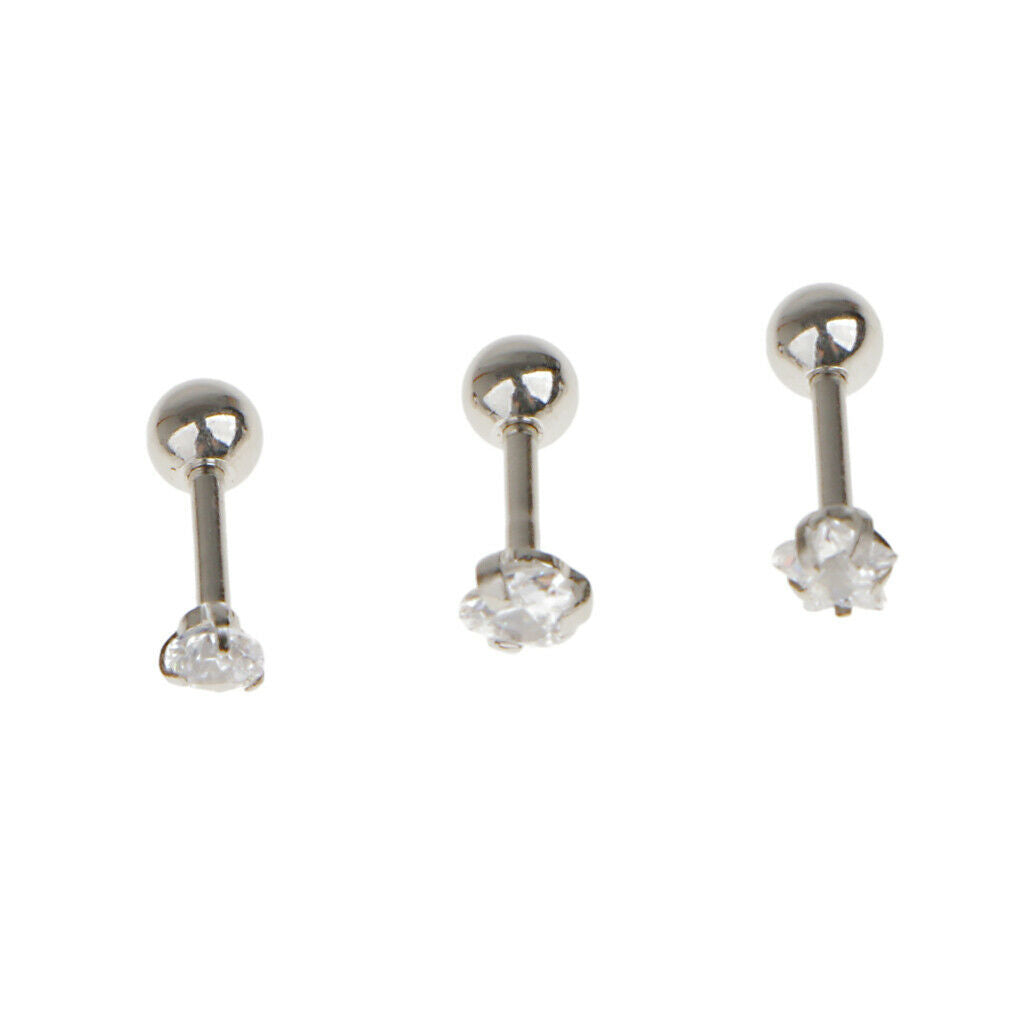 3Pcs Assorted 316L  Steel Clear Zircon  Piercing Studs