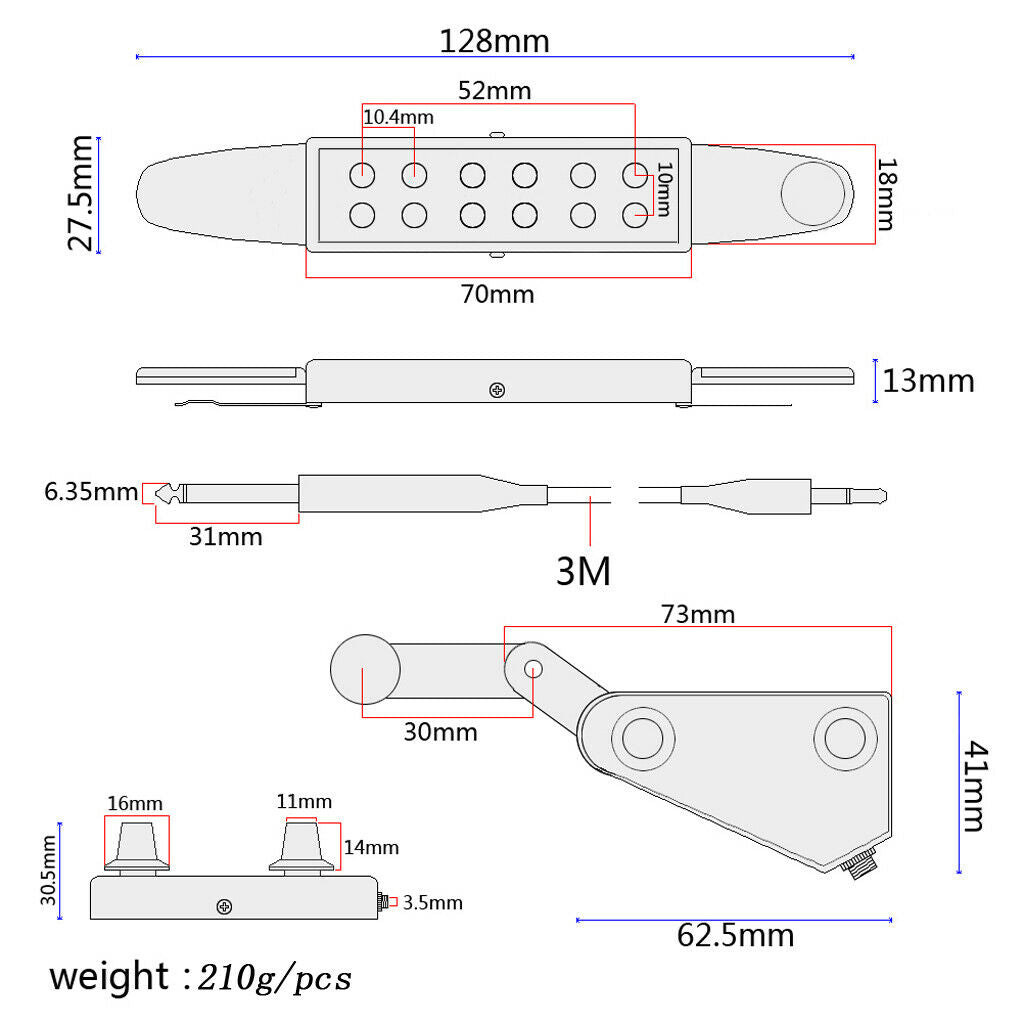 12 Holes Guitar Transducer Pickup Pickup With  Cable For Acoustic Guitar,