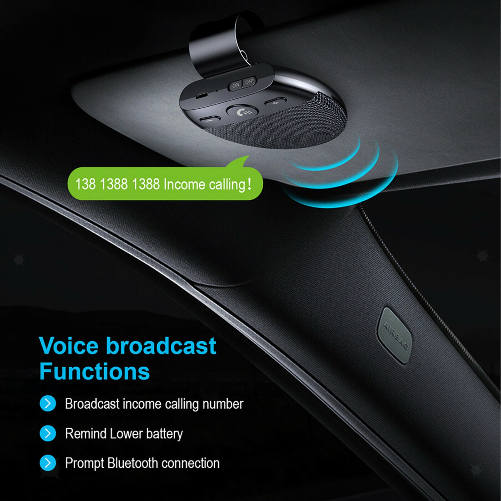 Bluetooth Car Speaker Receiver on Sun Visor for Handsfree Calling Black