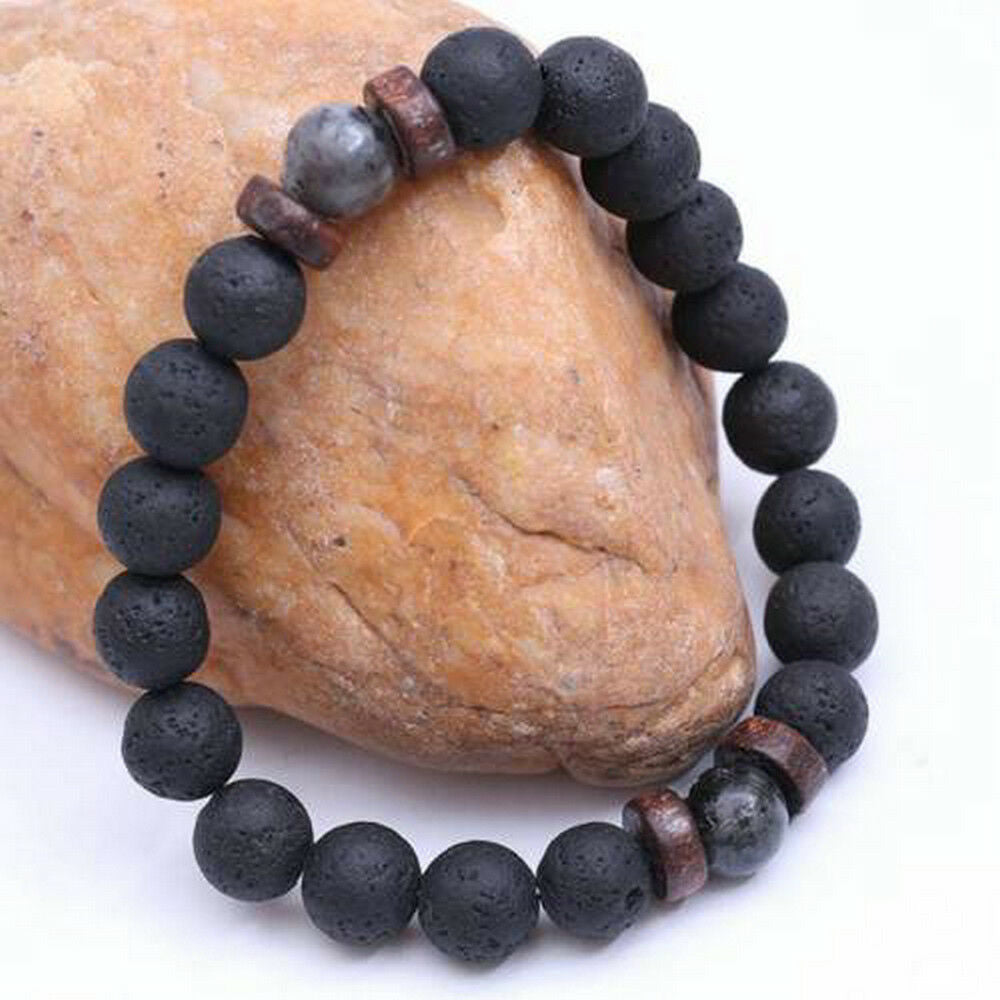 Men Women 8mm Lava Rock Bracelet Elastic Natural Stone Yoga Beads Bracelet JT
