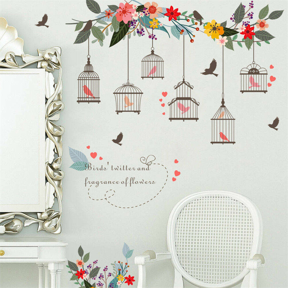 Flowers Birds Birdcage Stickers Decals Wall Art For HomeLiving Room`Bedro.l8
