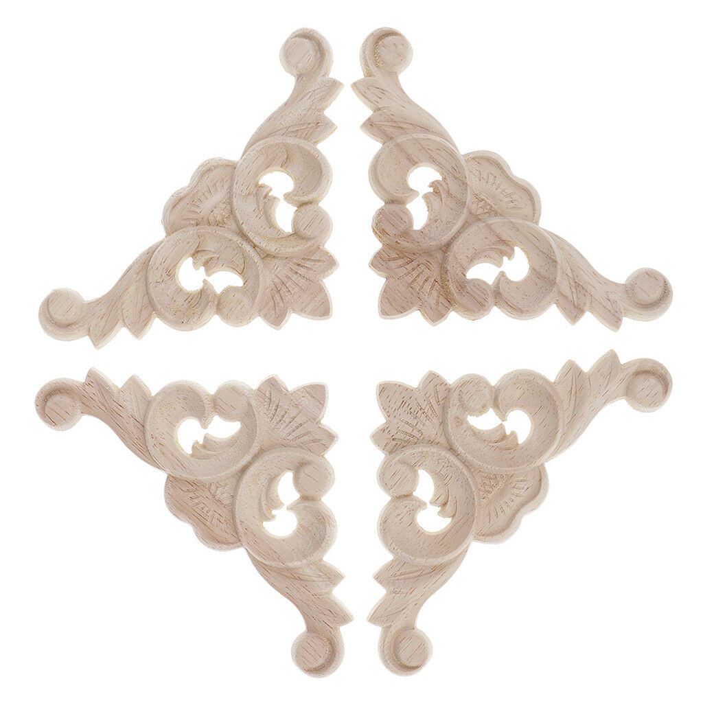 4x Natural Wood Carved Corner Onlay Applique Furniture Frame Craft Decor #1