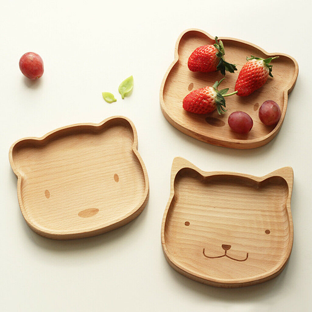 Natural Wooden Kids Plate Baby Feeding Set Includes Bear Cat Shape Animal Wood