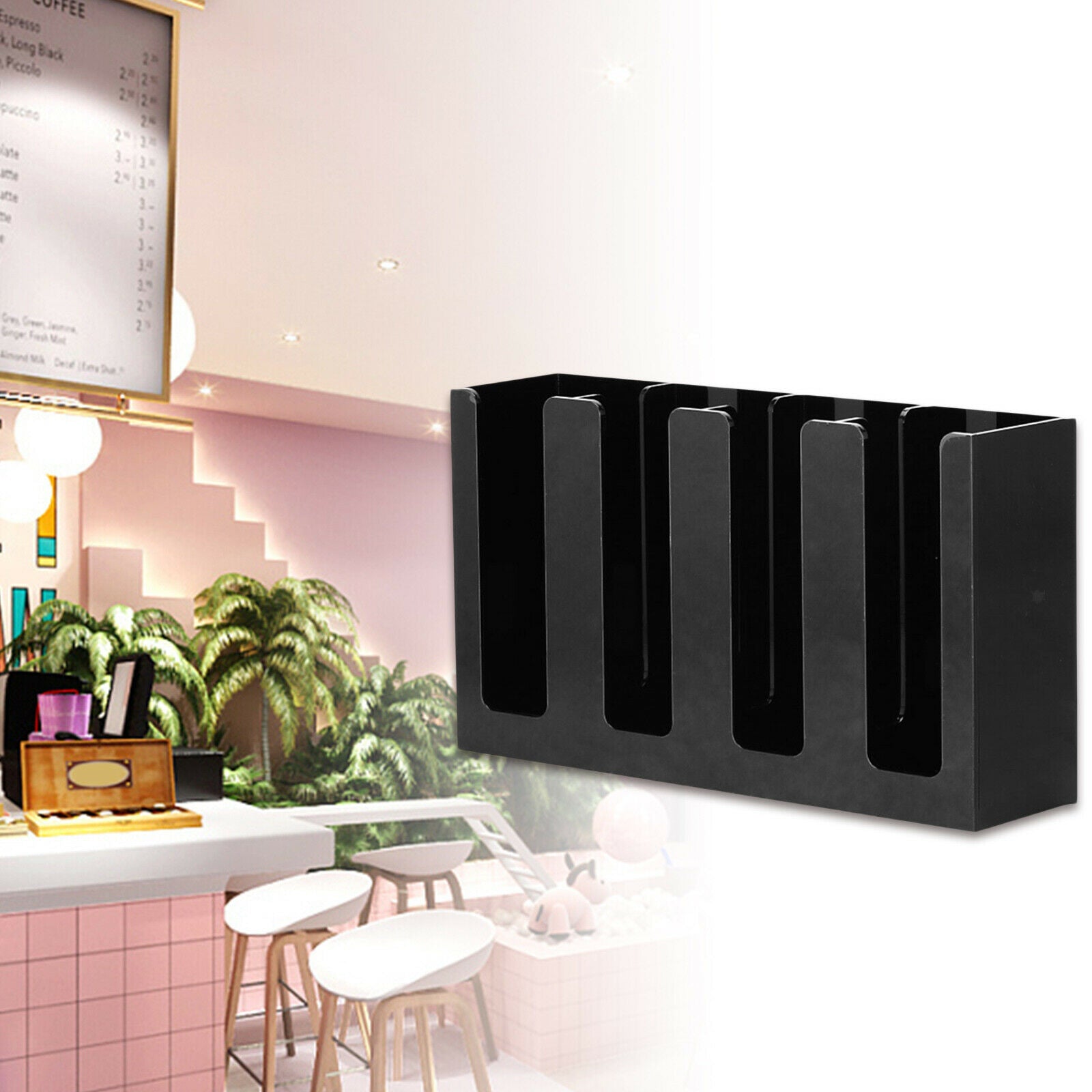 4 Compartments Coffee Cup Condiment Organizer Rack Countertop Cup Dispenser