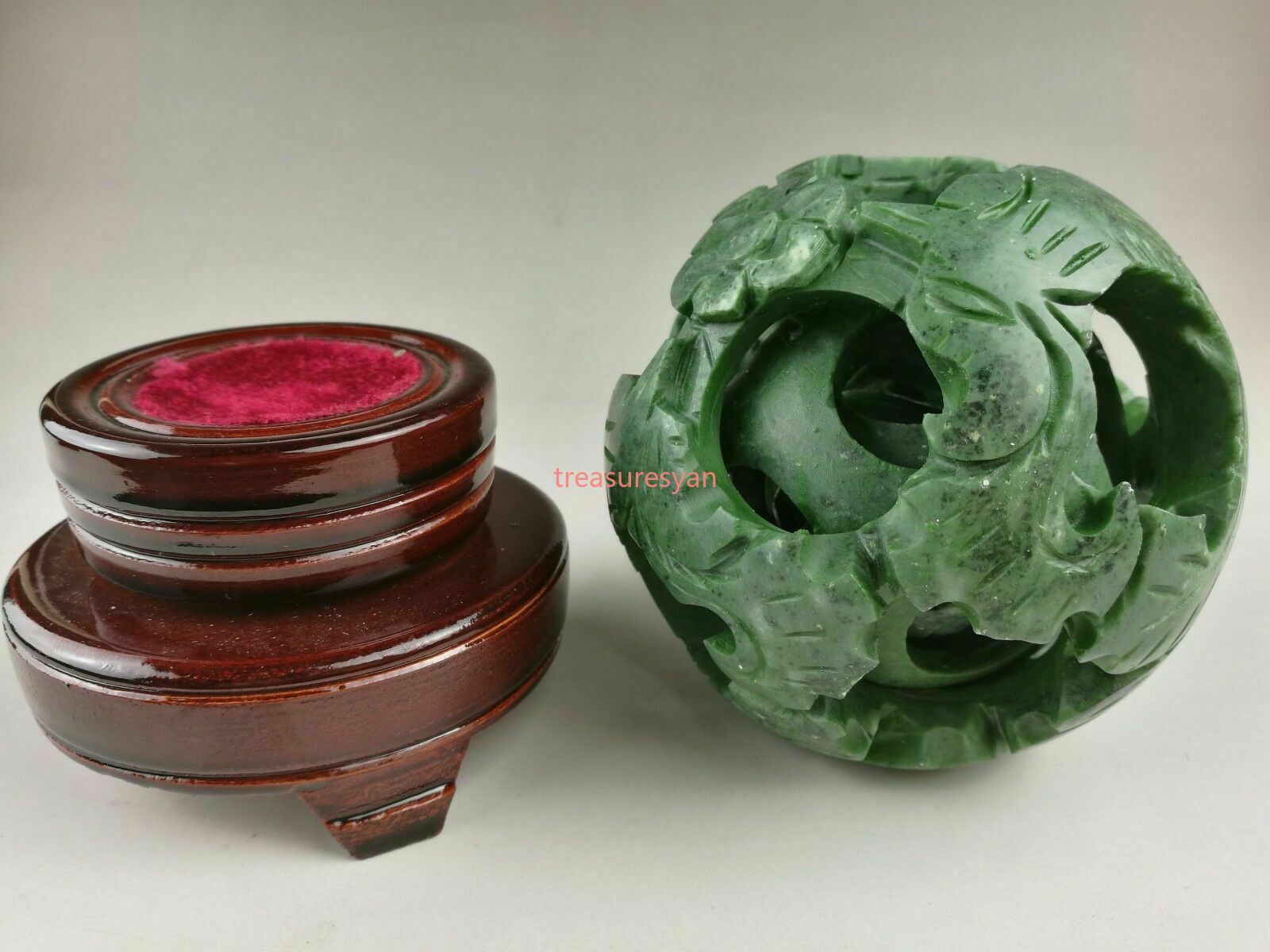 Chinese old green jade carved fengshui dragon ball magic with wood base