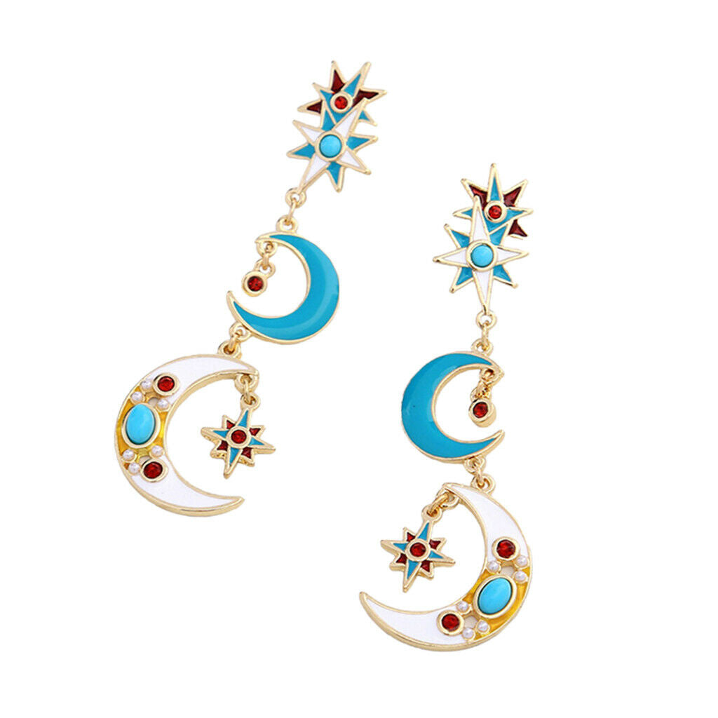 Metal Alloy Cute Charms Long Tassel Earrings Enamel Star Moon Stud Dangle