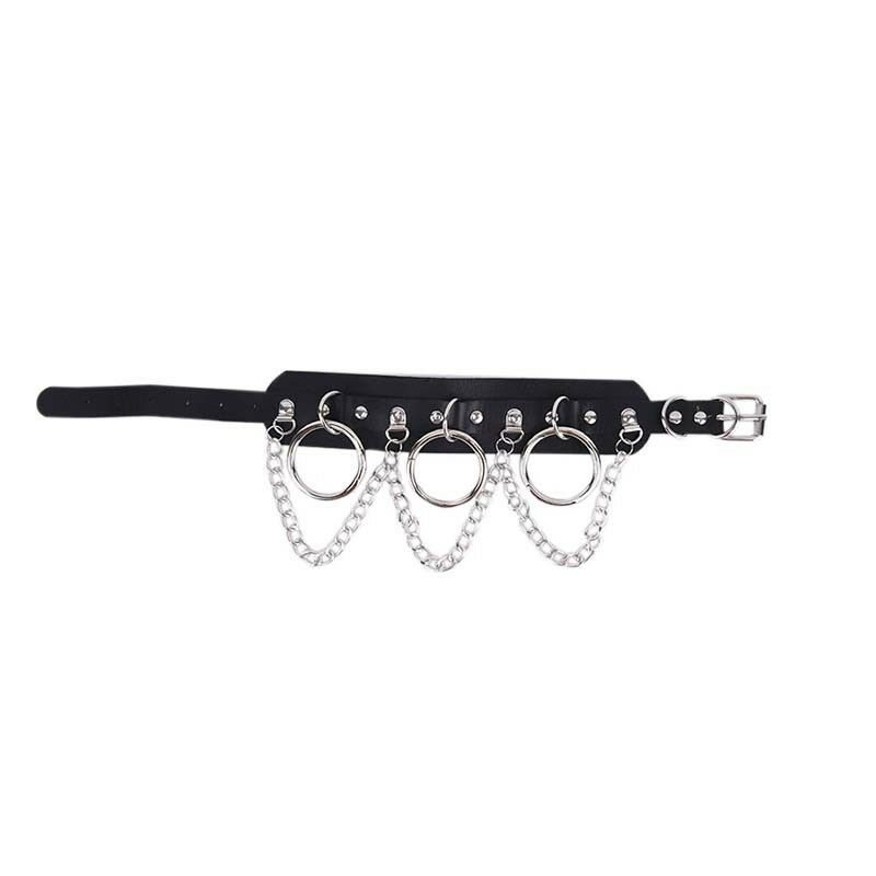 Black Leather Choker Metal Ring Chain Necklace Collar Handmade Goth Punky3BDAU