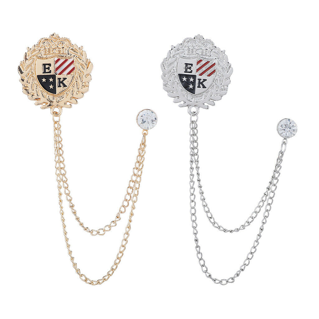 2 Pcs Crystal Shield Brooch w/ Tassel Chain Wedding Prom Label Pin Jewelry