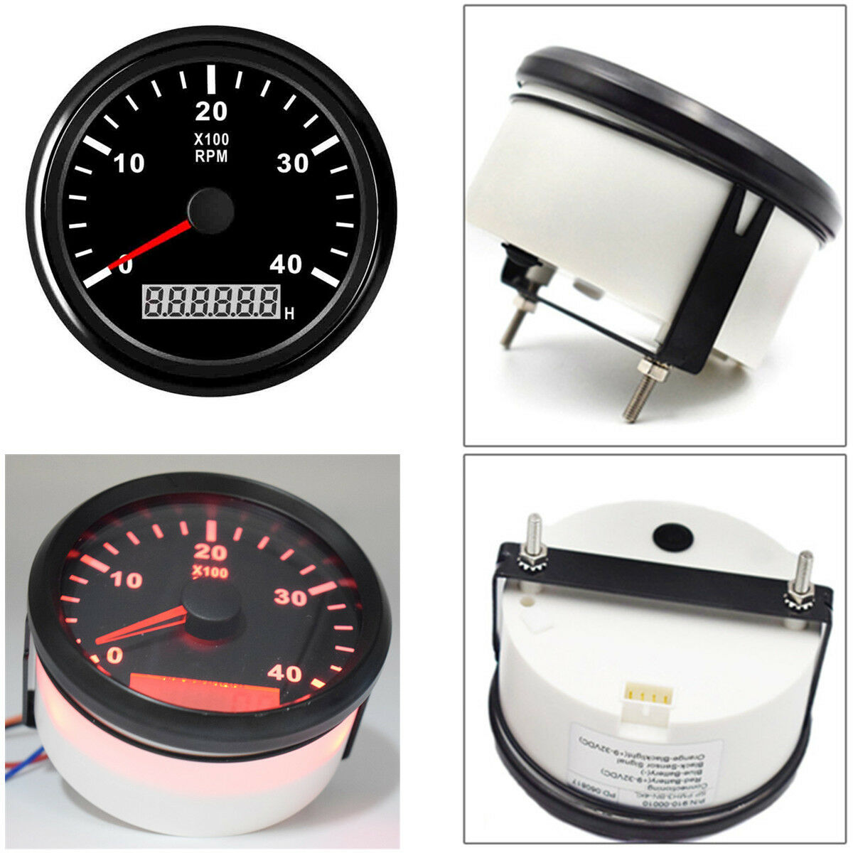 Marine RPM Tachometer Gauge LCD Tacho Hour Meter 12/24V 0-4000 RPM 85mm Red LED