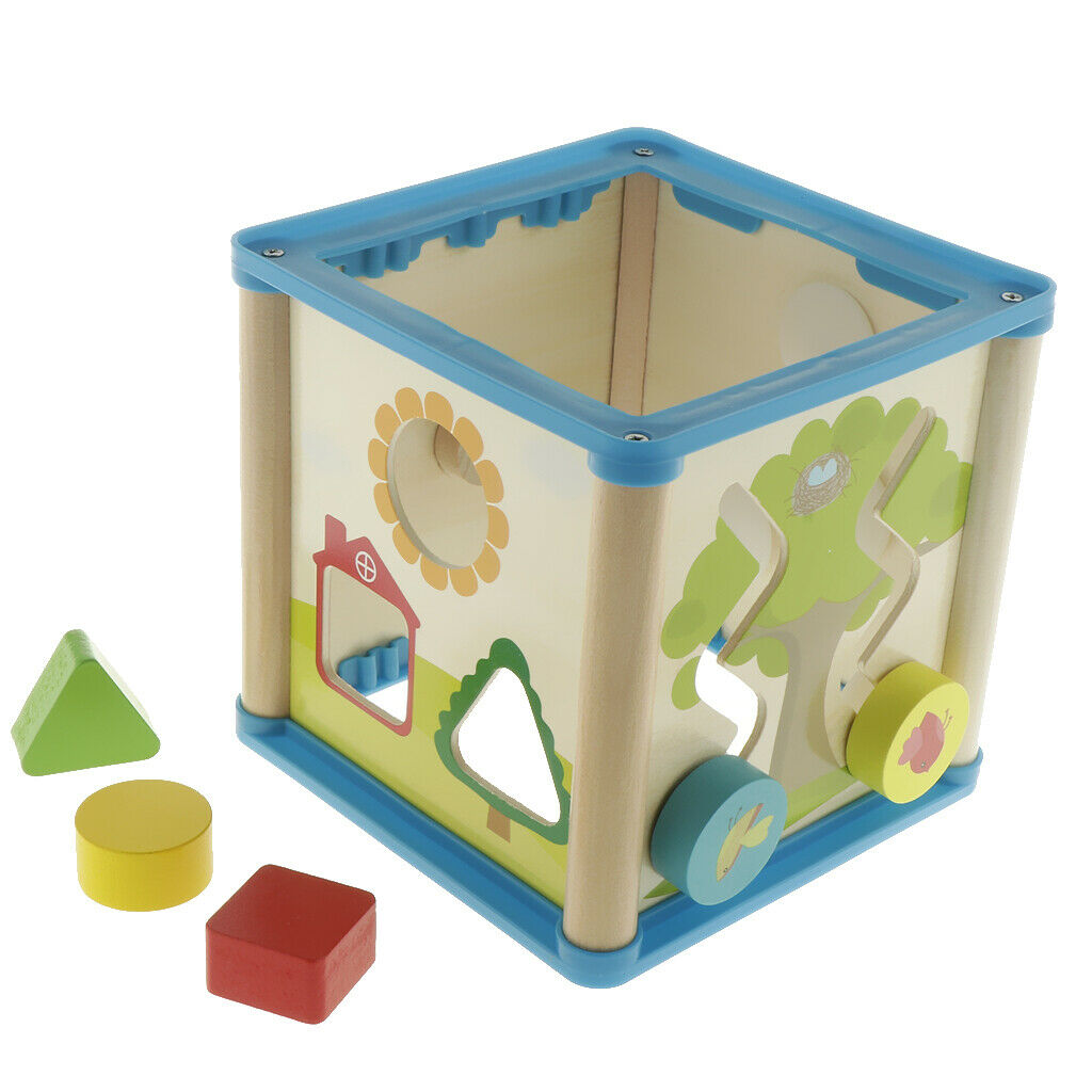 Wooden 5-Sided Activity Center with Beads Mazes, Gears, Shape Sorter Blocks,
