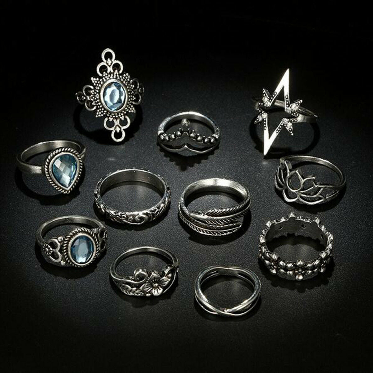 11Pcs/Set Boho Women Blue Crystal Flower Rings Set Leaf Lotus Knuckle Midi Rings