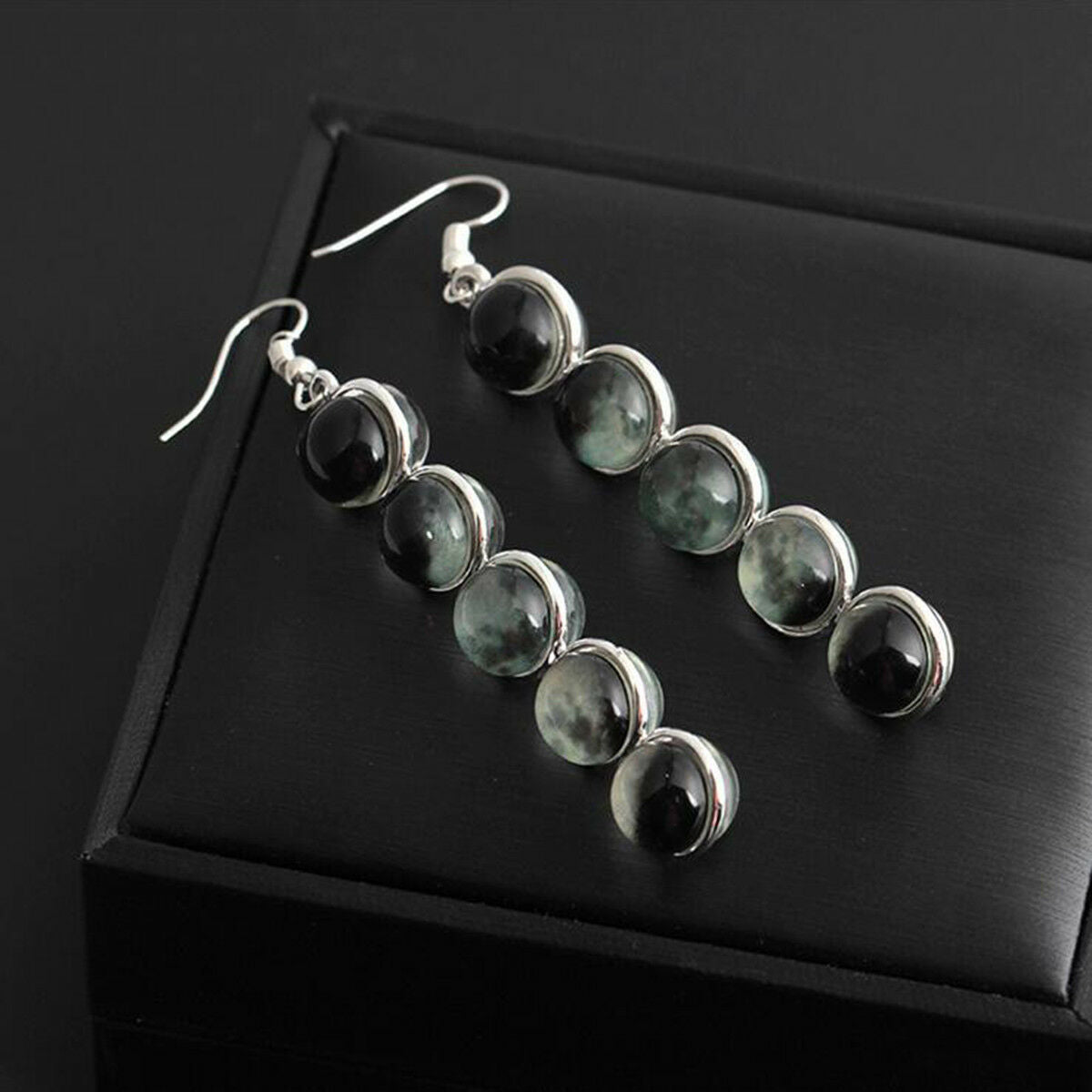 Ethnic Glow In the Dark Glass Dome Moon Phase Earrings Moonstone Dangle Earrings