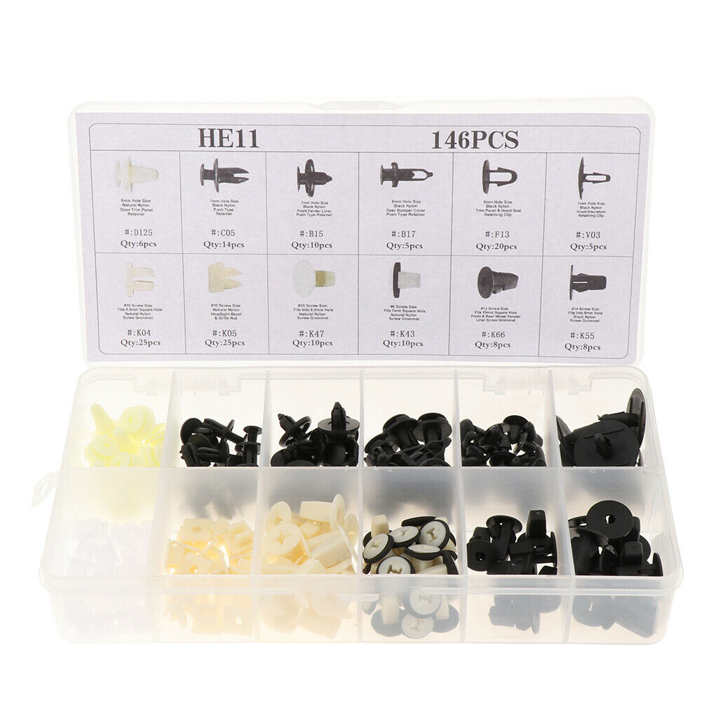 HE11 146Pcs Car Boxed Plastic Fastener Push Type Rivets Bumper Retainer Clip