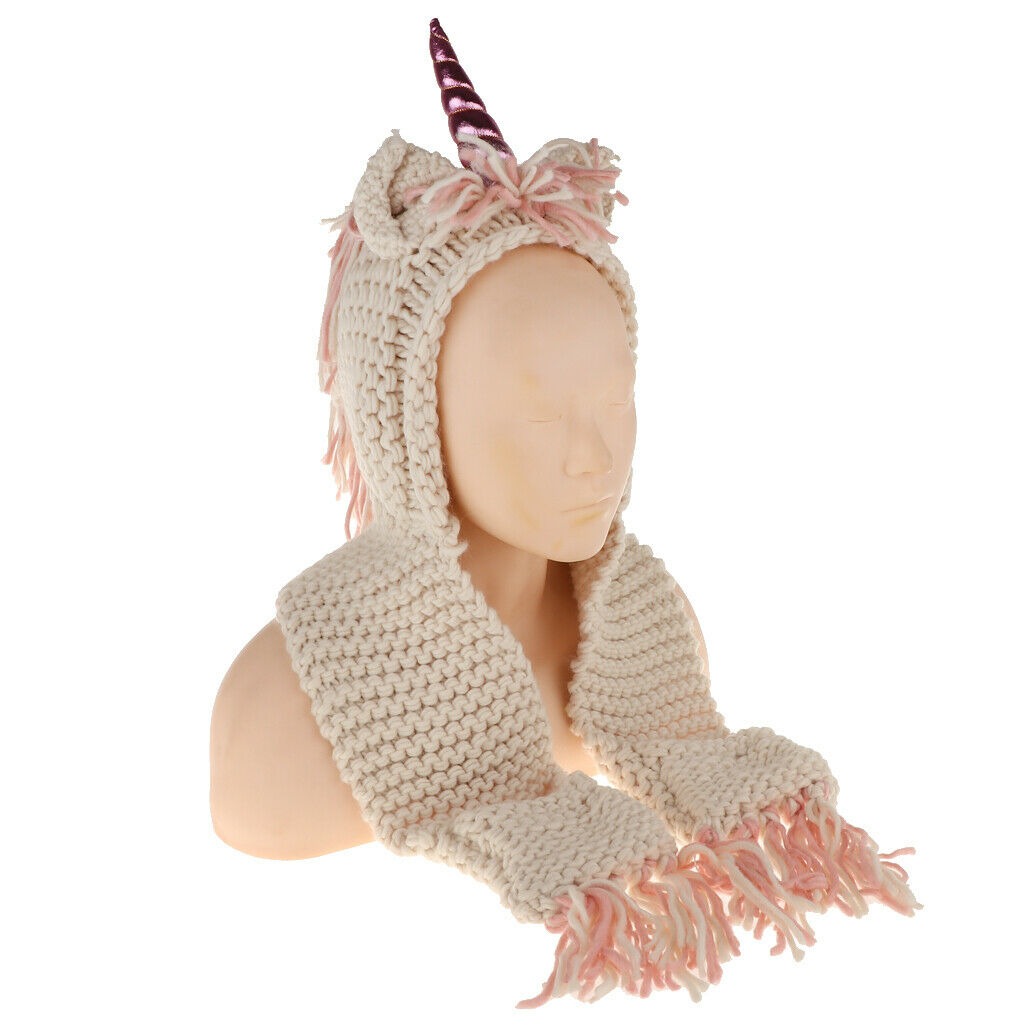 Unicorn Winter Hat with Scarf  Knitting Beanie - White, 2-6 Year Kids