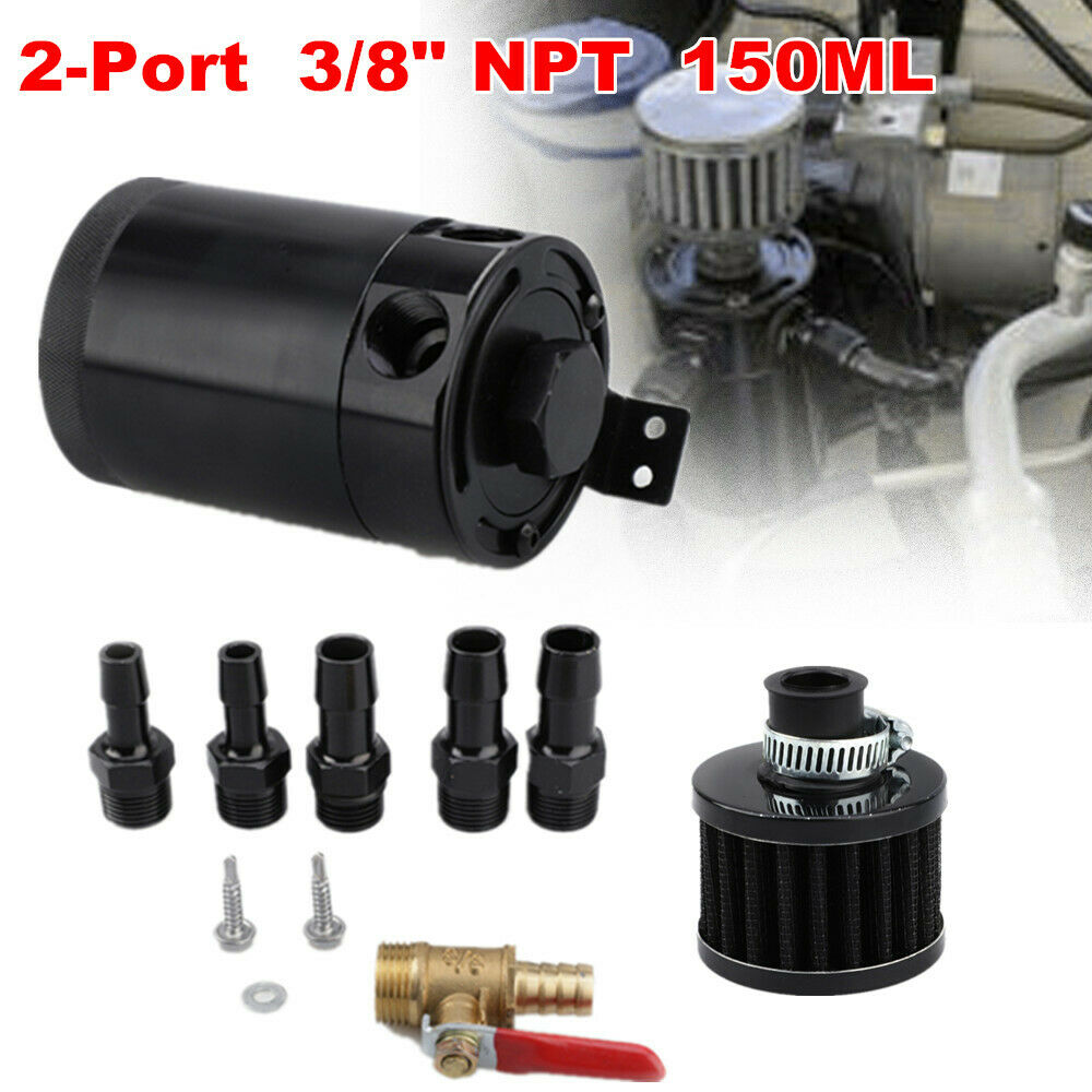 2-Port 3/8" NPT Oil Catch Can Tank Baffled Reservoir with Drain Valve Breather