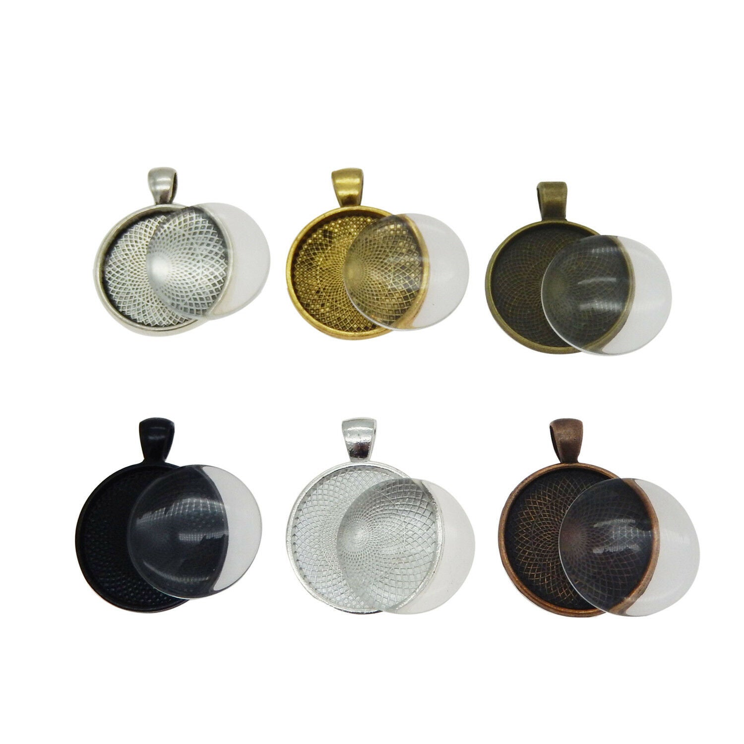 6 sets Mix Metal Alloy Base Round Clear Glass Cameo Bezel Charms Pendants