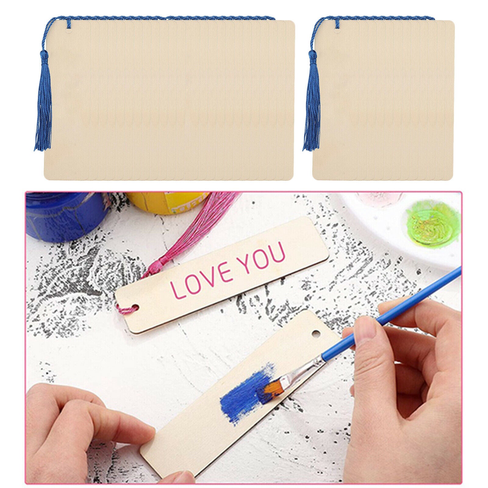 36x Wood Blank Bookmarks with 6 Colors Tassels Hanging Tag with Holes DIY