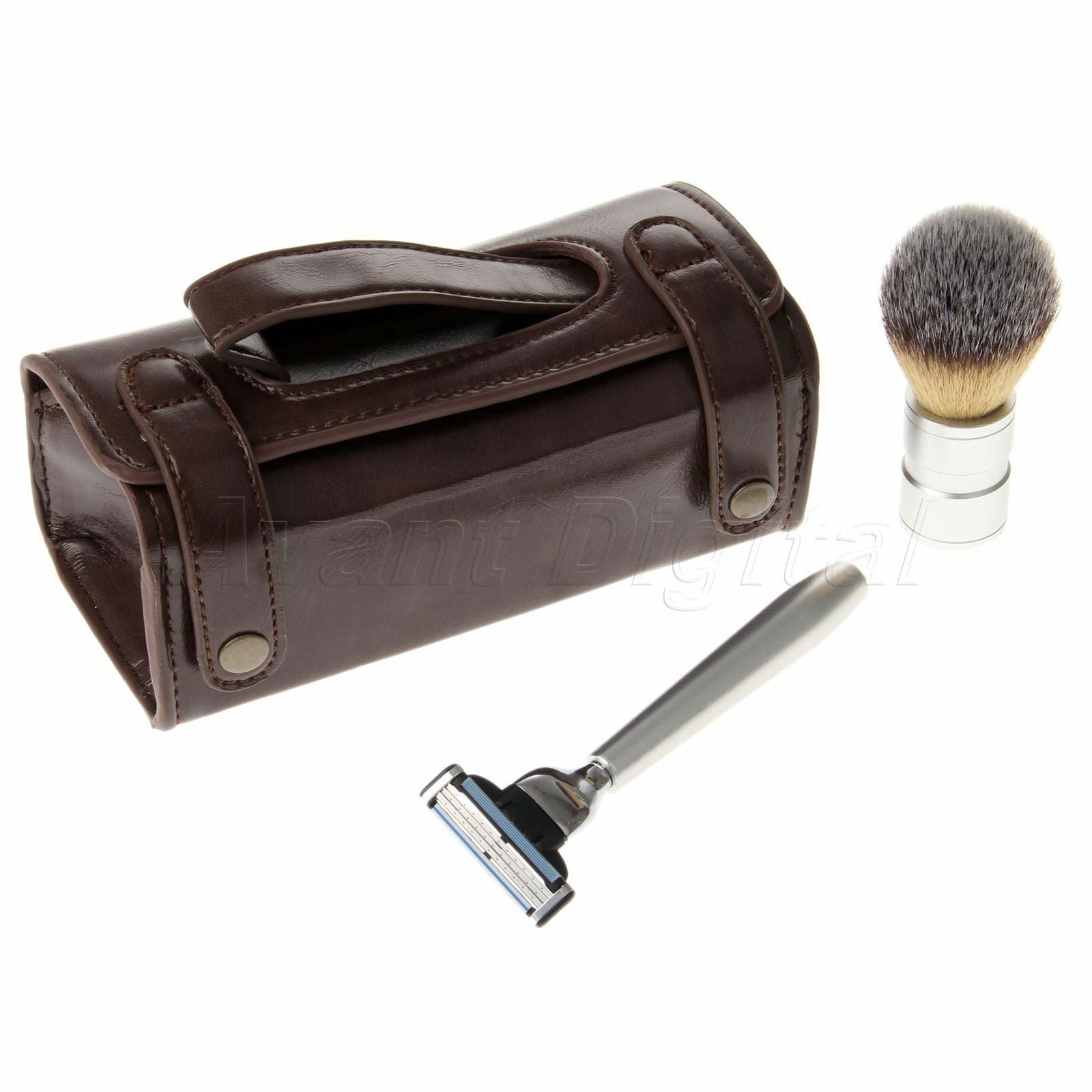 3 in 1 Men's Shaving Razor & Badger Hair Brush + PU Leather Case Bag Travel Use