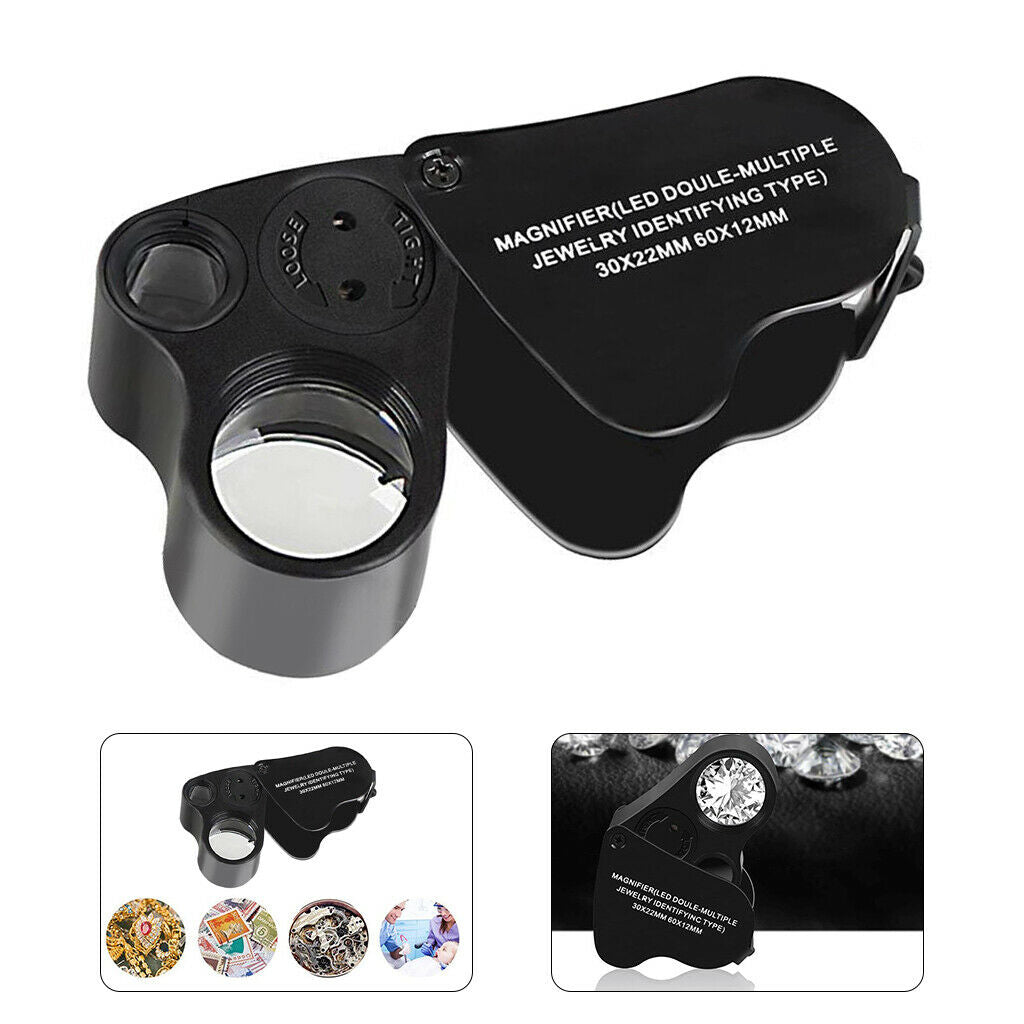 30X 60X Handheld Pocket Jewelers Loop Eye Glass Magnifier Loupe 2 LED Light