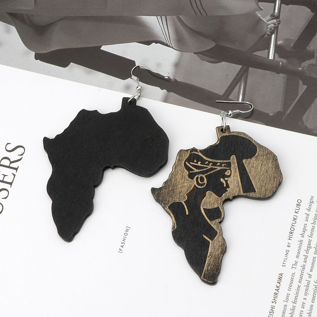 Natural Wood Africa Maps Reggae Earrings Women Exaggerated Pendants Bib Jewelry