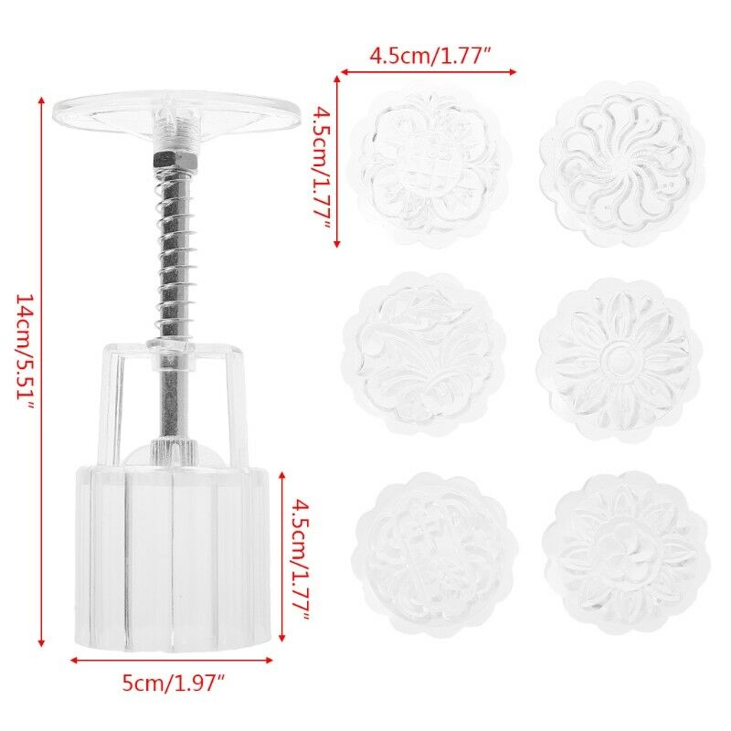 6 Flower Stamps Moon Cake Mould Transparent Round Mooncake Mold Baking Decor 50g